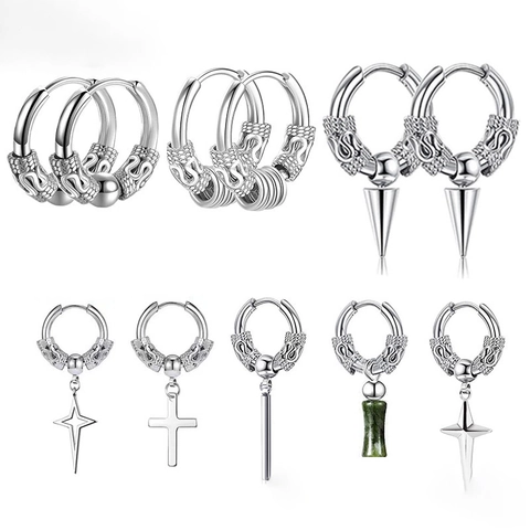 Boucles d'Oreilles Créoles à Motif de Dragon pour Hommes en Acier Inoxydable Punk Gothique Croix Plume Épée Bijoux Ethniques
