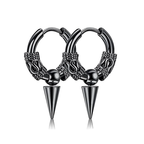 Stainless Steel Hoop Earrings Punk Gothic Dragon Scale Pattern Ear Buckle Spike Cone Bead Ring Unisex Fashion Jewelry