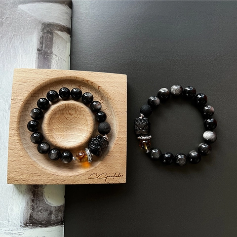 Natural Obsidian Beaded Bracelet For Men Women Chinese Style Pixiu Lion Dance Charm Contrast Color Hand Jewelry Bracelet Gift