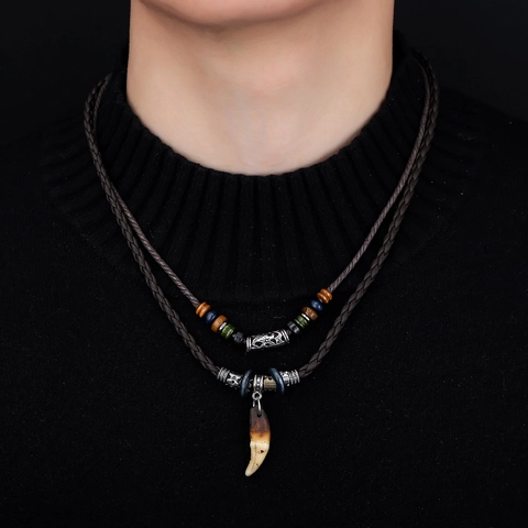 Vintage Ethnic Wolf Tooth Double Layered Pendant Necklace Men Leather Braided Cord Beads Handmade Fashion Jewelry Necklace