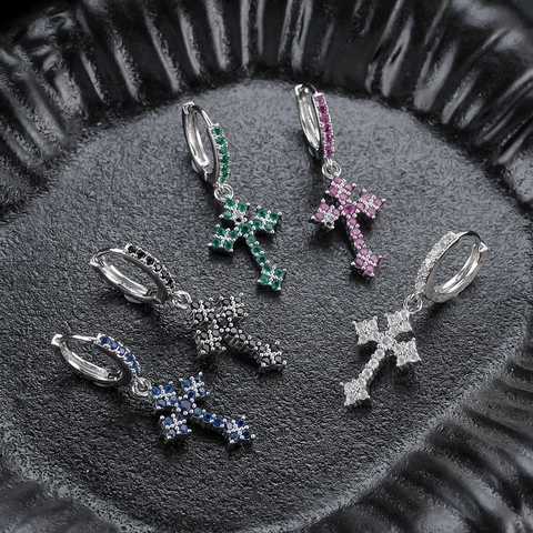 Boucles d'Oreilles Créoles Croix Classiques Unisexe Serties de Zircone Cuivre Style Punk Gothique Bijoux de Mode Cadeau