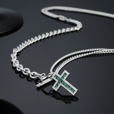 Collier Pendentif Croix en Acier Inoxydable pour Hommes Femmes Bijoux Hip Hop Zirconium Vert Taille Carrée Fermoir Cabillot