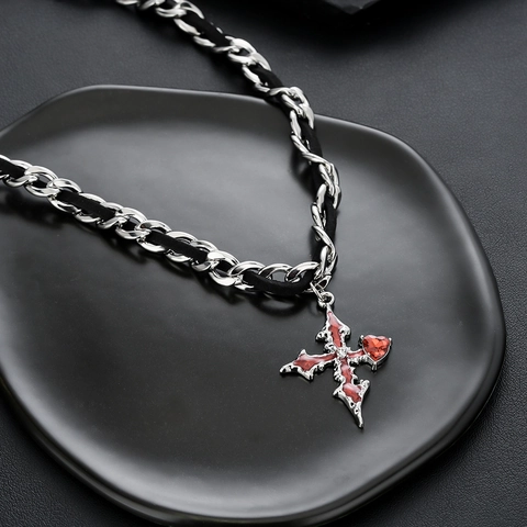 Collier Pendentif Croix Coeur en Acier Inoxydable Gothique Hommes Femmes Hip Hop Punk Strass Rouges Bijoux Tressés en Cuir