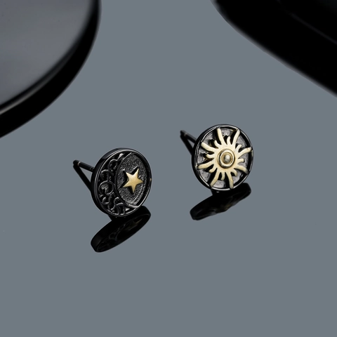 Retro Edelstahl Sonne Mond Sterne Ohrstecker Für Herren Damen Vintage Schwarz Gold Legierung Asymmetrische Celestial Niche Design Schmuck