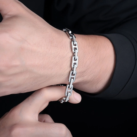 Bracelet à Maillons en H en Acier Titane pour Hommes Femmes Motif de Dents Industriel Chaîne Géométrique Bijoux de Mode