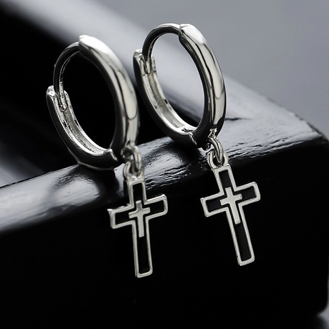 Vintage Versilberte Kreuz Huggie Creolen Für Herren Damen Minimalistische Schwarze Emaille Kreuz Ohrhänger Schmuck Geschenk