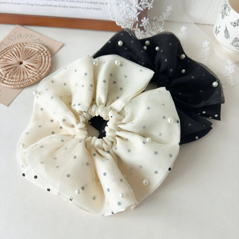Elegante Scrunchie Grande in Organza a Pois Con Künstliche Perle Sintetiche Elastici per Capelli Vintage Francese per Donna
