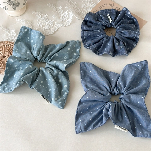 Scrunchies Vintage in Denim con Pois e Fiori per Donna Design con Fiocco Elastici per Capelli in Tessuto Accessori Capelli