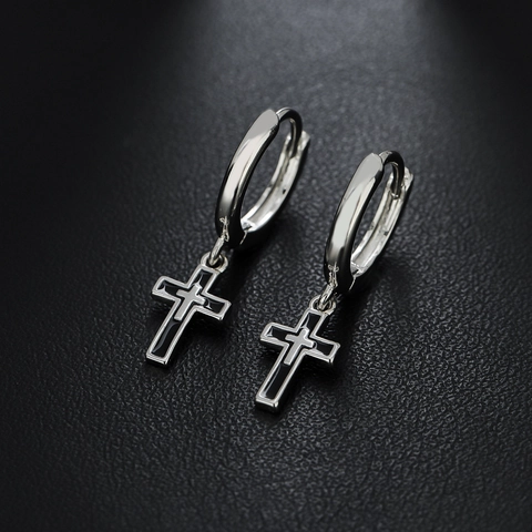 Vintage Versilberte Kreuz Huggie Creolen Für Herren Damen Minimalistische Schwarze Emaille Kreuz Ohrhänger Schmuck Geschenk