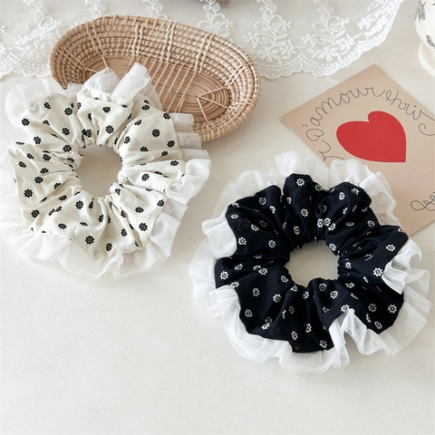 Vintage Blumen Spitzenbesatz Haargummis Große Stoff Haarbänder Süße Französische Rüschen Haarschmuck Für Damen Mädchen Täglich Brötchen Zubehör