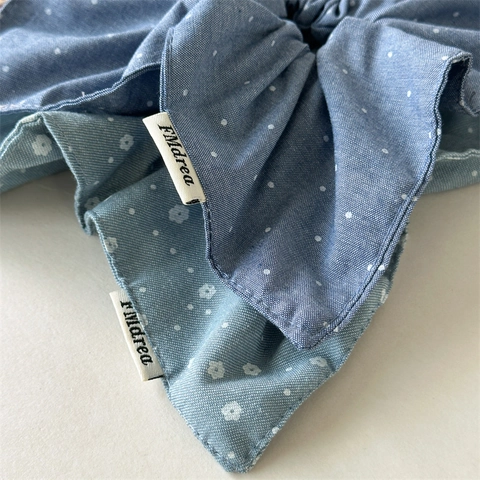 Scrunchies Vintage in Denim con Pois e Fiori per Donna Design con Fiocco Elastici per Capelli in Tessuto Accessori Capelli