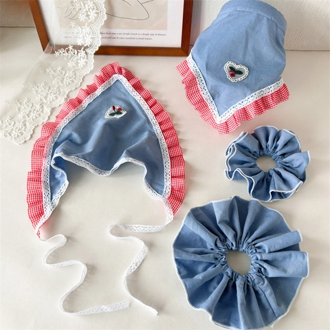 Fascia per Capelli con Fiocco Blu Denim Pastorale Triangolo Ciliegia Rossa Gingham Volant Pizzo Ricamo Accessori per Capelli Donna