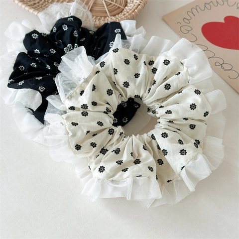 Vintage Blumen Spitzenbesatz Haargummis Große Stoff Haarbänder Süße Französische Rüschen Haarschmuck Für Damen Mädchen Täglich Brötchen Zubehör
