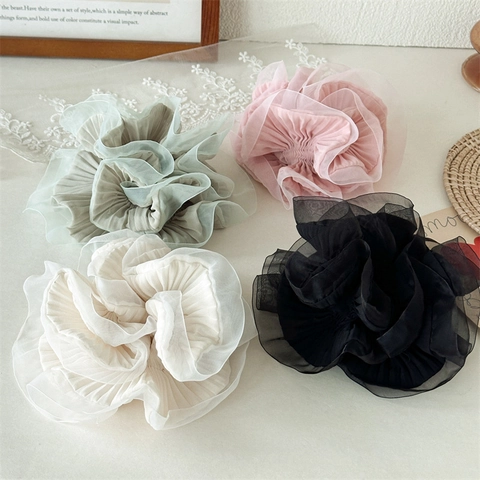 French Elegant Organza Large Scrunchie For Women Romantic Pleated Flower Bud Hair Tie Solid Color Fashion Hair Accessories