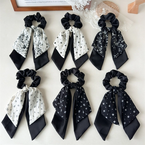 French Style Floral Print Scrunchies With Streamer Double Layer Fabric Hair Tie Bow Knot Ponytail Holder For Women Daily Decorative Hair Accessory