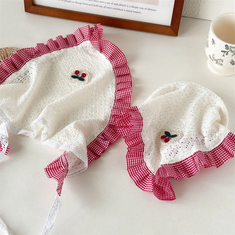 Estilo Pastoral Bordado de Cerezas Pañuelo Triangular Diadema Gingham Encaje Volantes Diadema Dulce Accesorios para el Cabello para Mujeres