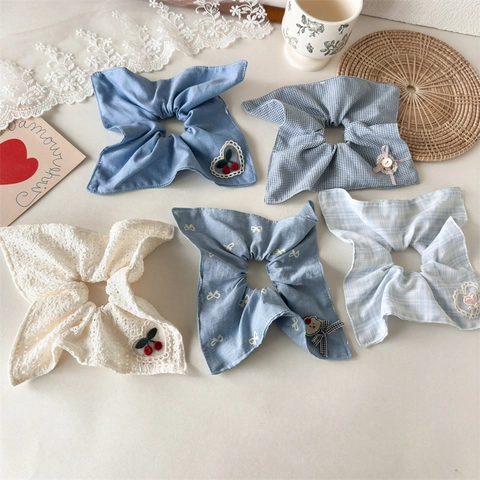 Elastici per Capelli Grandi in Denim Blu Ricamato Donna Ciliegia Dolce Cuore Motivo in Tessuto Supporto per Coda di Cavallo Accessori Moda