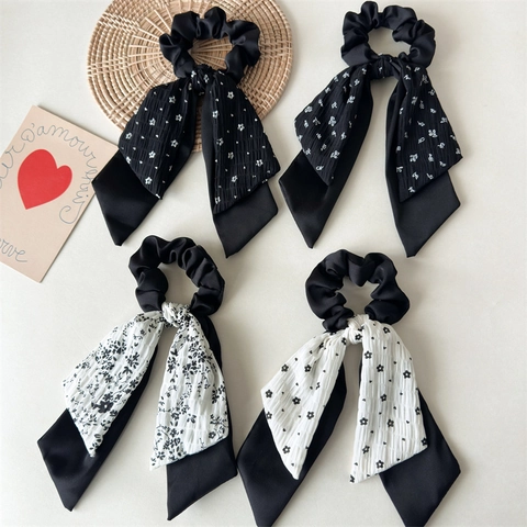 French Style Floral Print Scrunchies With Streamer Double Layer Fabric Hair Tie Bow Knot Ponytail Holder For Women Daily Decorative Hair Accessory