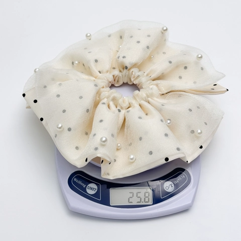 Elegante Scrunchie Grande in Organza a Pois Con Künstliche Perle Sintetiche Elastici per Capelli Vintage Francese per Donna