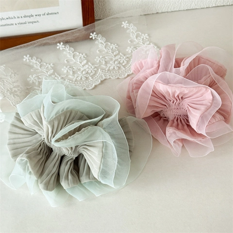French Elegant Organza Large Scrunchie For Women Romantic Pleated Flower Bud Hair Tie Solid Color Fashion Hair Accessories