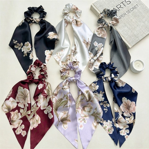 Coleteros de Satén con Estampado Floral Vintage con Cinta Elegante Lazo para el Cabello Soporte de Tela Elástica para Cola de Caballo para Mujer Accesorios