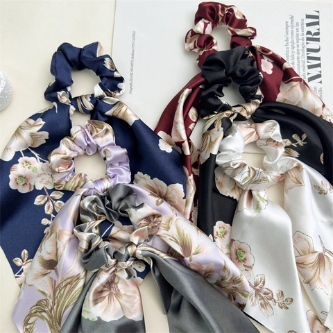 Coleteros de Satén con Estampado Floral Vintage con Cinta Elegante Lazo para el Cabello Soporte de Tela Elástica para Cola de Caballo para Mujer Accesorios