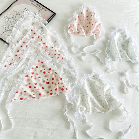 Pastoral Lace Strawberry Cherry Printed Triangle Headscarf For Baby Kids Girls Cotton Blend Mesh Hairband Tie Beach Scarf