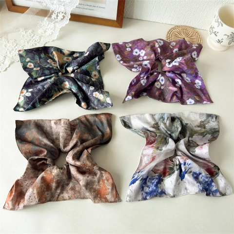 Vintage Satinnimitat Satin Große Haargummis Tuschewaschdruck Blumen Retro Elastische Haarbänder Damen Kopfschmuck
