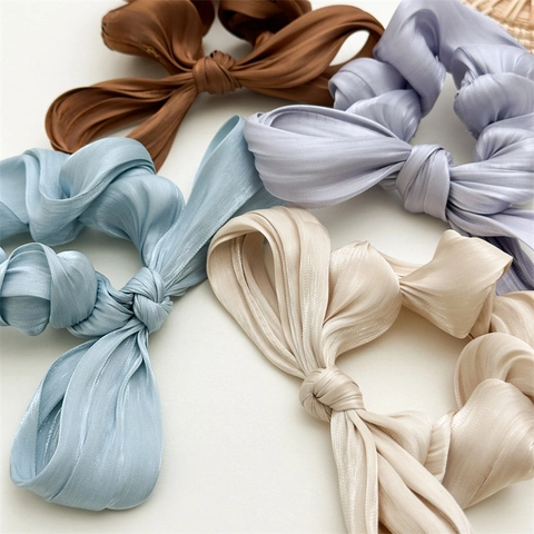 Women Knotted Bowknot Scrunchies Satin Fabric Pleated Hair Ties Solid Color Elastic Ponytail Holder Hair Accessories For Daily Use