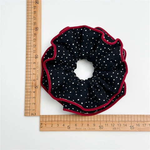 Coletero de Lunares Francés de Tela Texturizada Ribete en Contraste Anillo Elástico para el Pelo Tocado Decorativo para Mujer