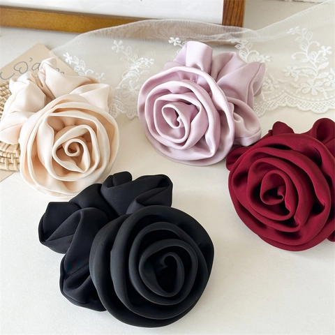 Elegant Satin Large Rose Flower Scrunchie French Style Handmade Fabric Hair Tie For Women Girls Party Daily Hair Accessories