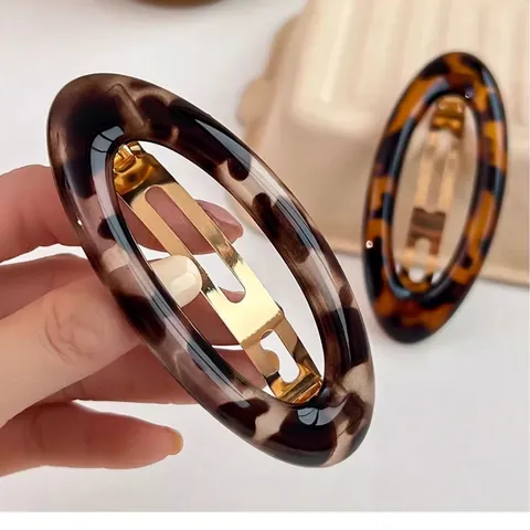 Fermaglio per Capelli Ovale in Resina Acetato Vintage Elegante Motivo Tartarugato Ambra Clip a Molla per Donna Accessori Moda