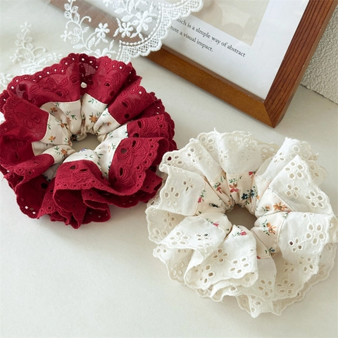 Elastici per Capelli in Pizzo Festonato Francese Vintage Fatti a Mano in Tessuto Floreale a Doppio Strato per Donna Eleganti Accessori per Acconciature Quotidiane