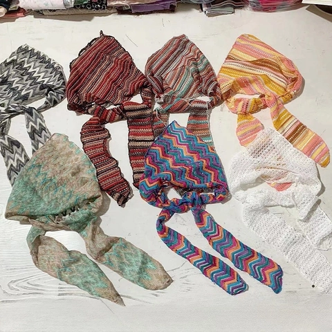 Boheems Gebreide Opengewerkte Bandana Voor Dames Mode Gestreept Kleurblok Gehaakte Driehoekige Hoofddoek Haaraccessoires