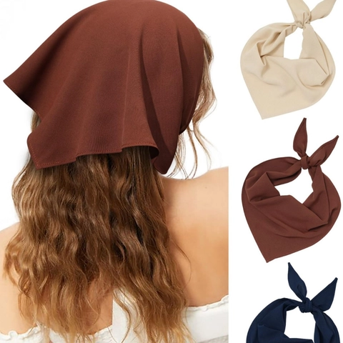 Women Vintage Solid Color Polyester Triangle Headscarf Maillard Style Hair Band Large Bandana Hair Accessories