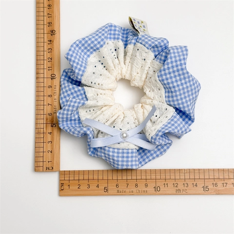 Coleteros de Mujer Gingham Azul con Lazo de Encaje Versátiles Gomas para el Pelo de Tela con Perla Artificial Estilo Pastoral Dulce