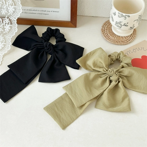 French Elegant Large Bowknot Scrunchie With Long Streamers Solid Color Textured Fabric Elastic Hair Tie Accessories For Women