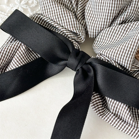Koreanischer Stil Karo Gingham Haargummi Mit Langer Schwarzer Satinschleife Mode Handgefertigt Stoff Haargummi Für Damen