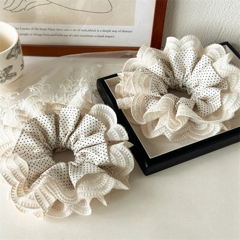 French Vintage Polka Dot Fabric Scrunchie Multi Layer Lace Trim Elegant Hair Accessories High Elasticity Ponytail Holder For Women