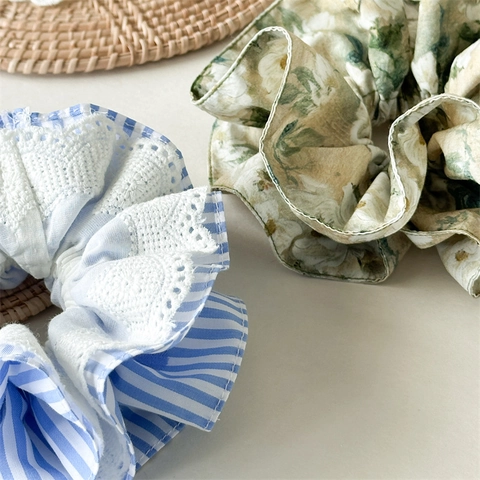 Modische Stoff Haargummis Für Damen Blau Weiß Gestreift Spitze Grün Blumig Vintage Mehrlagig Plissee Haarschleife Kopfbedeckung
