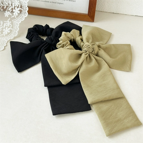 French Elegant Large Bowknot Scrunchie With Long Streamers Solid Color Textured Fabric Elastic Hair Tie Accessories For Women