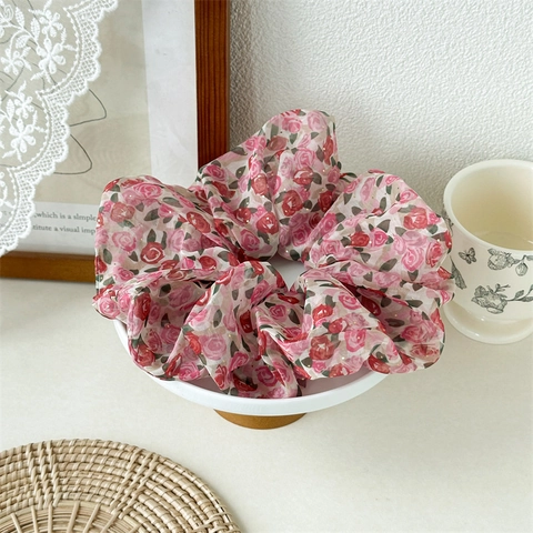 Femmes Grands Chouchous en Chiffon Floral Élastique Bandeau Cheveux Doux Imprimé Rose Support de Queue de Cheval Style Coréen