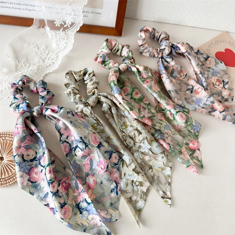 Florale Satin Haargummis Mit Streamer Elegante Französische Haar Gummis Für Damen Pferdeschwanz Band Haar Accessoires