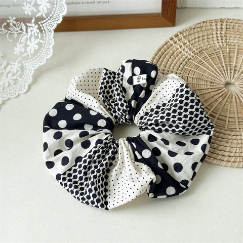 Classici Scrunchies per Capelli in Tessuto Grande Patchwork a Pois Bianchi e Neri Accessori per Capelli Elastici per Donna