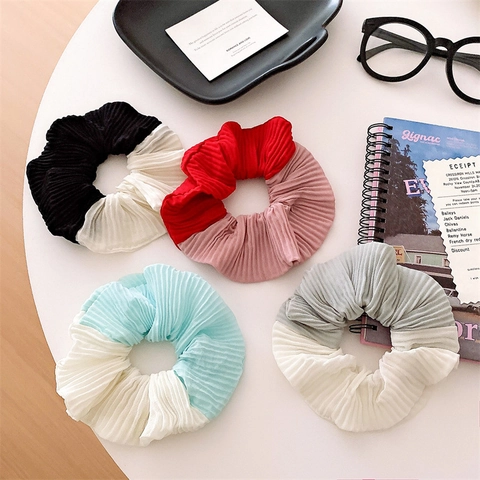 Two Tone Pleated Hair Scrunchie Patchwork Fabric Chiffon Elastic Hair Band Ponytail Holder Headwear For Women Daily Accessories