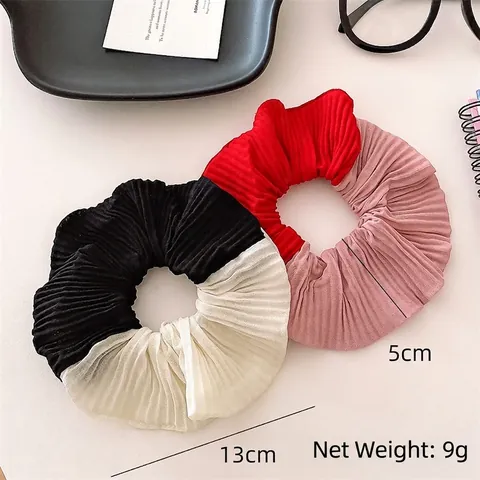 Two Tone Pleated Hair Scrunchie Patchwork Fabric Chiffon Elastic Hair Band Ponytail Holder Headwear For Women Daily Accessories