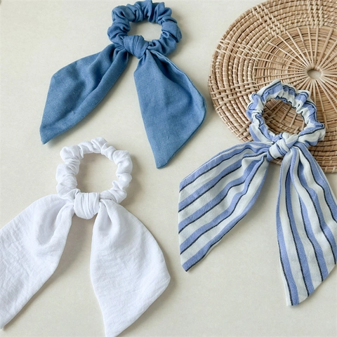 Striped Fabric Bow Scrunchies With Long Streamers Elegant Solid Color Ponytail Holder Ribbon Headwear For Women Daily