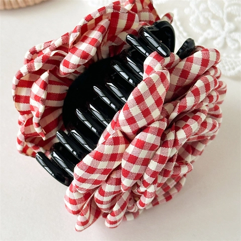 Pinza per Capelli a Forma di Rosa a Quadretti in Tessuto Floreale 3D Grande Clip a Squalo Accessorio per Capelli Donna