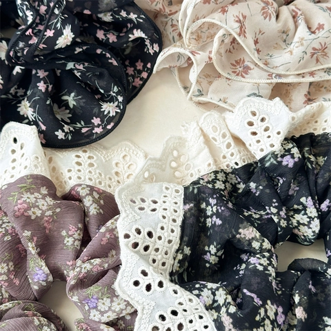 Floral Lace Scrunchie French Style Large Chiffon Hair Tie Vintage Floral Elastic Hair Band Women Elegant Fashion Hair Accessory