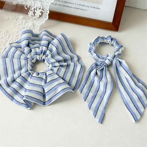 Striped Fabric Bow Scrunchies With Long Streamers Elegant Solid Color Ponytail Holder Ribbon Headwear For Women Daily